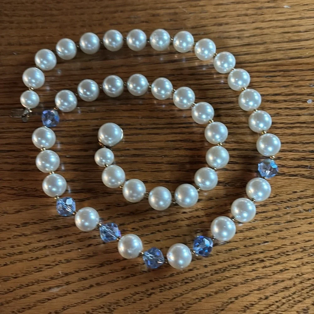 Pearl and blue faceted crystal beads 24” with clasp vintage - Picture 3 of 9